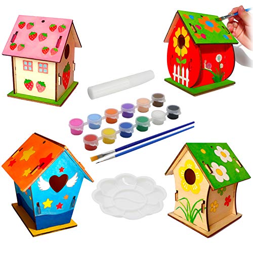 KUWAN Vogelhaus Bausatz Kinder, 4 Stück DIY vogelhaus zum bemalen Kit Vogelhaus Pigment Bemalen Unvollendete Set, Bauen und malen Sie Birdhouse Wooden Arts von KUWAN