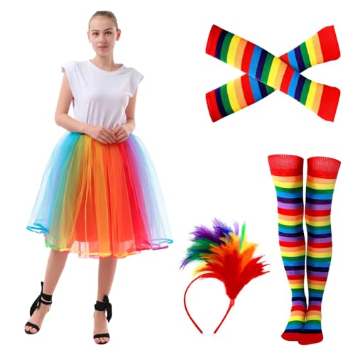 4er Regenbogen Tüllrock Damen, Karneval Kostüm Damen, Regenbogen Kostüm Damen mit Bunt Feder Stirnband, Fasching Kostüm Damen, Bunter Tüllrock Damen für Karneval, Fasching von KUWUNG