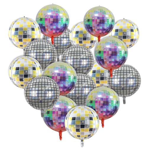 KUWUNG 18 Stück Discokugel Luftballon, Party Deko Helium Ballons 22 Zoll 4D Disco Folienballons Luftballons für Disco-Mottoparty Geburtstag Party Mitzvah Abschlussfeier Retro 70er 80er 90er Jahre Deko von KUWUNG