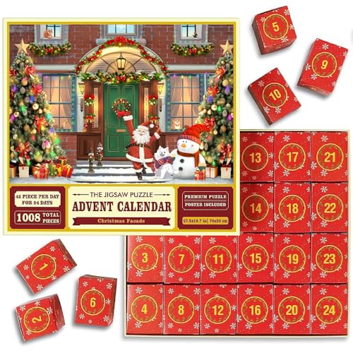 KUWUNG Adventskalender Puzzle 2024, Weihnachtsmann Jigsaw Puzzle 1008 Teile, 24 Tage Weihnachten Countdown Kalender, 24 Boxen Weihnachts Jigsaw Puzzle Geschenke für Erwachsene und Kinder von KUWUNG