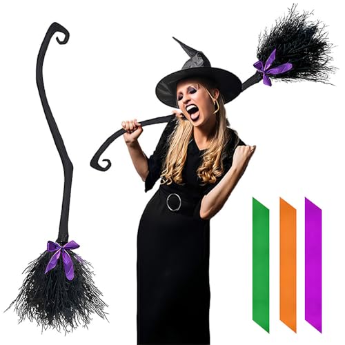 KUWUNG Großer Halloween Hexenbesen Kinder mit Band, Kunststoff Deko Outdoor Zubehör, Hexenkostüm Damen für Erwachsene Kinder Mädchen Damen, Hexenbesen Erwachsene Party Dekoration Witch von KUWUNG