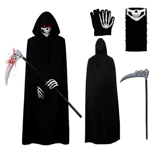 KUWUNG Halloween Sensenmann Kostüm Set, Sensemann Umhang Set mit Totenkopf Maske, Halloween Sense und Handschuhe, Halloween Kostüm Unisex für Halloween Dekoration Cosplay Karneval von KUWUNG