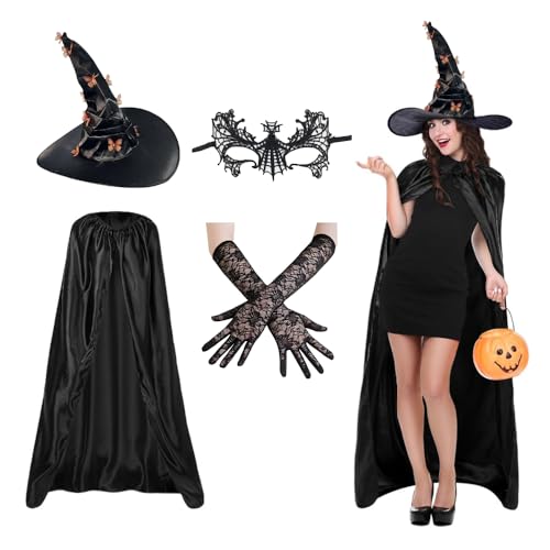 KUWUNG Hexe Hut Kostüm Set, Halloween Hut Schwarz Hexen Hut mit Schmetterling, Cosplay Partei Hexenhut Spitzmütze, Retro Spitze Handschuhe und Augenschleier für Halloween, Karneval und Maskerade von KUWUNG