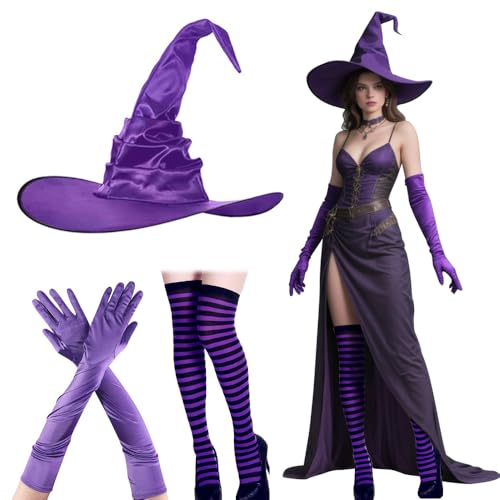 KUWUNG Karneval Hexenhut und Lange Handschuhe set, Hexenkostüm Damen Halloween mit 72cm Lila Gestreifte Socken, Faltbarer Hexenhut Damen & 52cm Stretchhandschuhe für Halloween Karneval KUWUNG Karneval Hexenhut und Lange Handschuhe set, Hexenkostüm Damen Halloween mit 72cm Lila Gestreifte Socken, Faltbarer Hexenhut Damen & 52cm Stretchhandschuhe für Halloween Karneval von KUWUNG