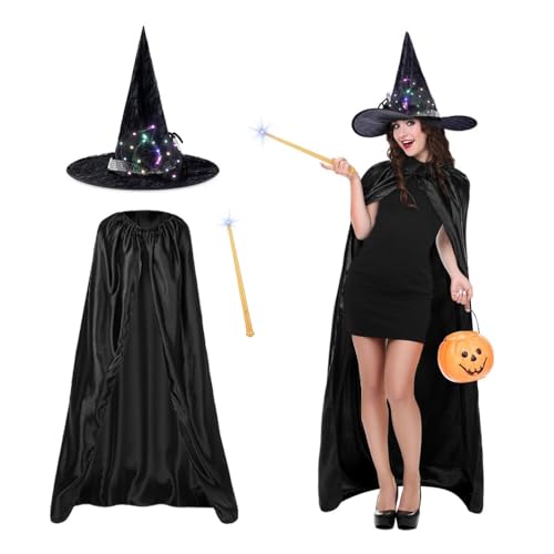 KUWUNG Hexenkostüm Damen Halloween, Hexenumhang Damen, Hexenhut Damen mit Stück Zauberstab & Lamp, Halloween Umhang Set für Unisex Erwachsene, Schwarz Witch Hat für Karneval Cosplay Carnival von KUWUNG