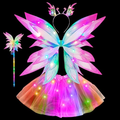 KUWUNG Leuchtende Feen Kostüm Kinder, Feenkostüm Mädchen mit LED Tutu Tüllrock Haarreif Zauberstab Schmetterlingsflügel Kinder Feen Geburtstag Halloween Fasching Karneval Kostüm für Mädchen von KUWUNG