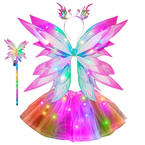 KUWUNG Leuchtende Feen Kostüm Kinder, Feenkostüm Mädchen mit LED Tutu Tüllrock Haarreif Zauberstab Schmetterlingsflügel Kinder Feen Geburtstag Halloween Fasching Karneval Kostüm für Mädchen von KUWUNG