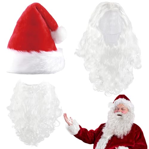 KUWUNG Nikolaus Bart und Perücke Mütze Set, Weihnachtsmann Bart und Perücke Mütze 3 Pcs Set Weihnachtsmann Kostüm Für Erwachsene Familien Weihnachtsfeiern Weihnachtskarneval,Santa Claus Costume von KUWUNG