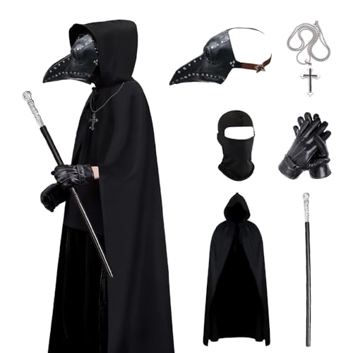 KUWUNG Pestdoktor Kostüm Set, Plague Doctor Costume, Pest Doktor Kostüm Herren Outfits Erwachsene Halloween Kostüm mit Pestdoktor Maske Zepter Kreuz-Halskette Handschuhe von KUWUNG