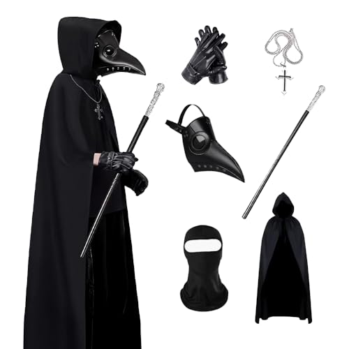 KUWUNG Pestdoktor Kostüm Set, Plague Doctor Costume Pest Doktor Kostüm Herren Outfits mit Pestdoktor Maske Zepter Kreuz-Halskette Umhang, Halloween Kostüm für Erwachsene von KUWUNG