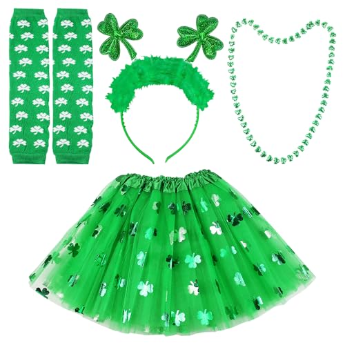 KUWUNG St Patricks Day Kostüm für Mädchen, Kostümzubehör-Set Beinhaltet Shamrock Green Tutu Tüllrock, Shamrock Stirnband Halskette Armstulpen für St.Patricks Day Dekoration Party Supplies von KUWUNG