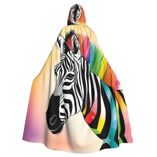 KVCBUYK Farbenfroher Regenbogen-Zebra-Druck, Halloween-Umhang für Erwachsene mit Kapuze für Partys und Kostüme, mit Fliege und super großer Kapuze von KVCBUYK