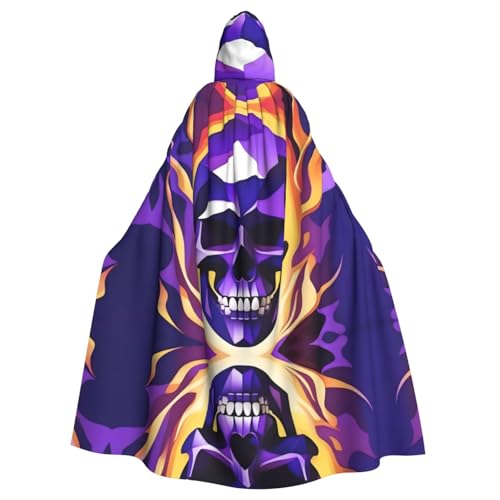 KVCBUYK Lila Flaming Skull Prints Halloween Erwachsene Kapuzenumhang für Partys und Kostüme mit Fliege und super großer Kapuze von KVCBUYK