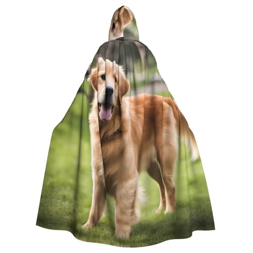 KVCBUYK Süßer Golden Retriever Prints, Halloween-Umhang mit Kapuze für Erwachsene für Partys und Kostüme mit Fliege und super großer Kapuze von KVCBUYK