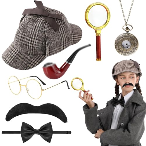 7PCS Detektiv Kostüm Zubehör Set,Detektiv Accessoires mit Hut Brille Langer Mundschlauch Kunstbärte Taschenuhr Lupe Fliege,Detektiv Cosplay Requisiten für Karneval Cosplay Maskerade Party von KVGBNT