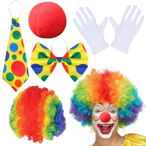 Clown Kostüm, 5-Teiliges Clown ZubehöR Set Inklusive Bunter Clown Haare, Clown Nase, Clown Fliege, Krawatte und Handschuhen, Zirkus KostüM Passend für Ostern, Karnevalskostüm Cosplay Damen und Herren von KVGBNT