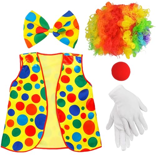 Clown Kostüm Damen,Clown,6 Stück Clown Kostüm Enthalten Regenbogen Clown Perücke Clown Outfits Fliege Nase Weiße Handschuhe,Clown Kostüm Kinder Damen Herren Fasching Karneval Cosplay Zirkus Requisiten von KVGBNT