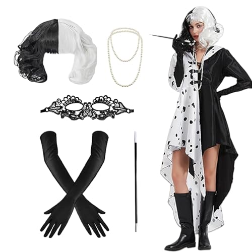 Dalmatian Devil Kostüm Damen, Faschingskostüme Damen, 7 Stück Cosplay Damen Kapuzenmantel Strickjacke Perücke Handschuhe Augenmaske Halskette, für Faschingskostüme (M) von KVGBNT