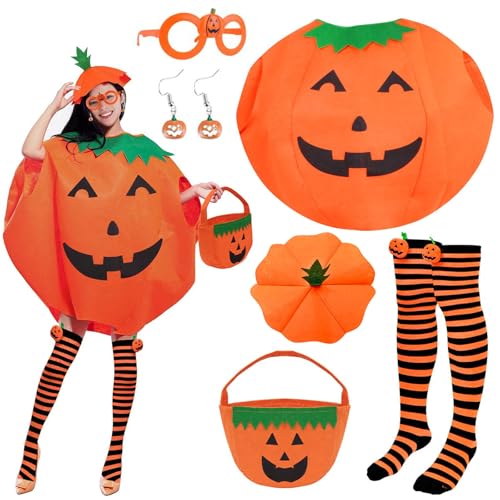 Kürbiskostüm Halloween, Halloween Kostüm, 6 PCS Pumpkin Costume Adult Bestehend Aus Kürbiskostüm, Bonbontüte, Hut, Strümpfen, Ohrringen und Kürbisbrille, Kostüm Kürbis Erwachsene für Halloween von KVGBNT