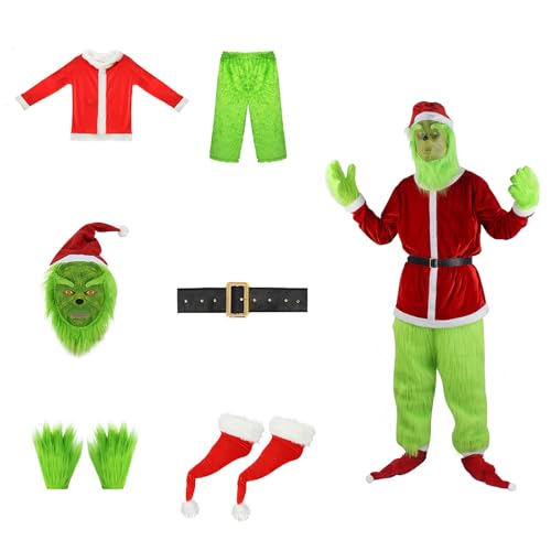 Grinch Kostüm für Erwachsene - 7 Stück Grinch Kostüm Herren, Grünes Monster-Kostüm für Erwachsene, Grünes Monster Grinch Kostüm Damen, Weihnachtsmann Anzug Grünes, Grinch Kostüm Komplett (XXL) von KVLHCSVA