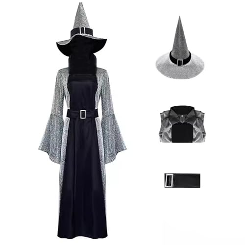 Halloween Mittelalterliche Böse Hexe Cosplay Kostüm Frau Gothic Stehkragen Puffärmel Kostüm Hexenhut von KWCLTH