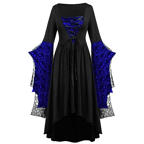 KWCLTH Damen Mittelalterlich Gothic Kleid Quadratischer Hals Brust Krawatte Mesh Langes Kleid Glockenärmel Schlank von KWCLTH