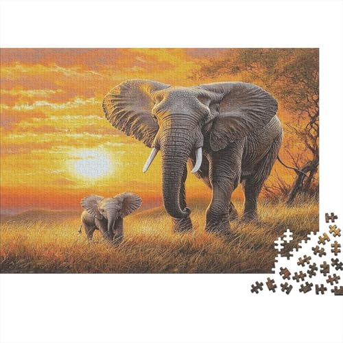 Bull Elefant with Baby Elefant Puzzle 1000pcs (75x50cm) Erwachsene,Impossible Puzzle,Geschicklichkeitsspiel Für Die Ganze Familie,Farbenfrohes,Mit Afrikanischer Sonnenuntergang von KWFYBEHZ