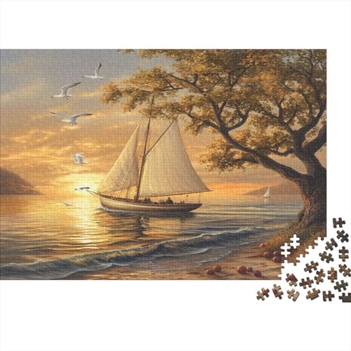 Old Segelboot,Puzzles Sonnenuntergang Plum Baum Gemusterte Nachhaltige Puzzles Für Erwachsene Hochwertige Holzspielpuzzles 1000pcs (75x50cm) von KWFYBEHZ