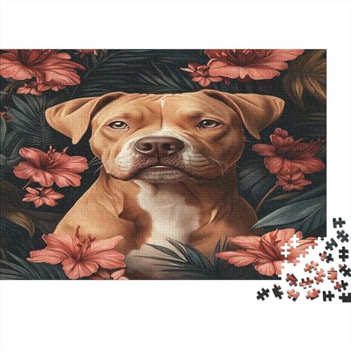 Puzzles 1000pcs (75x50cm) Für Erwachsene Cute Tan BullHund Puzzles Für Erwachsene Puzzle-Lernspiele Rosa Blumen von KWFYBEHZ