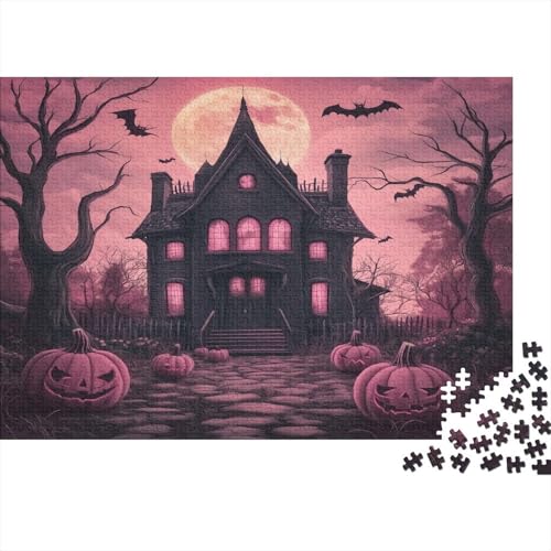 Schwarzes Backsteinhaus Rätsel Für Erwachsene |Pink Kürbis Mond and Bat| Familienspaß-Puzzles 1000pcs (75x50cm) Erwachsene von KWFYBEHZ