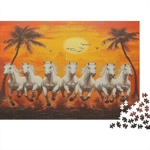 Sieben majestätische weiße Horsee Puzzle 1000pcs (75x50cm) Erwachsene Vivid Sonnenuntergang Palm Bäume Puzzle Erwachsene Geschicklichkeitsspiel Für Die Ganze Familie von KWFYBEHZ