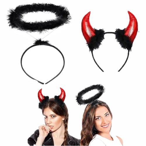 2Stk Teufelshörner Haarreif,Haarreif Heiligenschein Schwarz,Teufelsohren Devil Ears,Haarreifen Engel,Halloween Accessoire,Für Fasching Karneval Halloween Kinder Party von KWHSUN