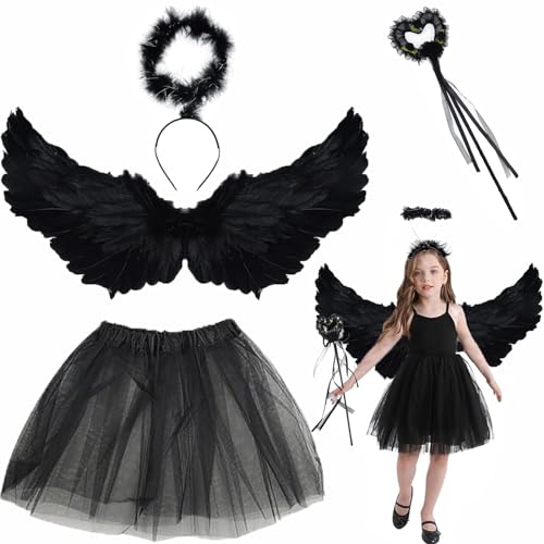 Engelsflügel Deko Kostüm,Engel Kostüm Kinder Schwarz, Halloween Engel Kostüme,Halloween Kostüm Mädchen,Engel Flüge,Tutu Rock, Heiligenschein,Zauberstab,Halloween Kostüme Karneval Party Cosplay Kinder von KWHSUN