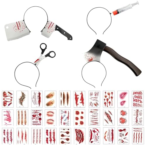 KWHSUN Halloween Haarreif,Halloween Messer im Kopf,Halloween Accessoires,Halloween Accessoires Damen,Blutige Schere im Kopf,mit Scars Tattoo,für Herren Damen bei der Halloween Party von KWHSUN