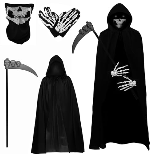 Sensenmann Kostüm,Halloween Sensenmann Kostüm Kinder,4-teiliges Tod Kostüm Set,Halloween Kostüm Set,mit Sichel,Schädelmaske,Handschuhe,Umhang mit Kapuze Vampir Kostüm,für Halloween Dekoration Cosplay von KWHSUN