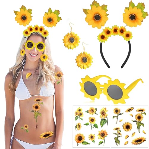 KWHSUN Sonnenblumen kostüme Accessoires für Damen,Sonnenblume Haarschmuck Sonnenblume Haarreif Sonnenblumen Sonnenbrille SonnenblumenHaarspange Sonnenblumen Armbänder Für Karneval Damen Mädchen von KWHSUN