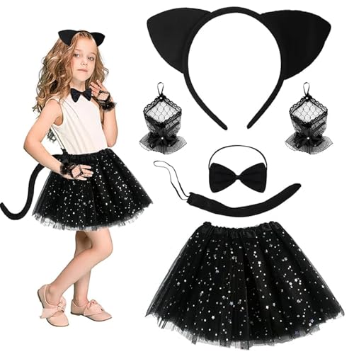 Katzen Kostüm Mädchen，karneval kostüm kinder mit Tutu Rock Kinder, mit Katzenohren Haarreif, Cosplay Tail, Handschuhe, Schleif Fliege, Tierkostüm Set für Kinder von KWHSUN