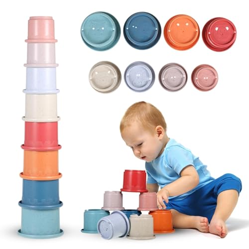 KWJEIULSOQ 8 Stücke Stapelturm Baby Stapelbecher Montessori Spielzeug Stapelturm Ab 1 Jahr Stapelwürfel-Sicherheitssilikon-Sandspielzeug Becher Antriebsobjektmuster für Jungen & Mädchen (A) von KWJEIULSOQ