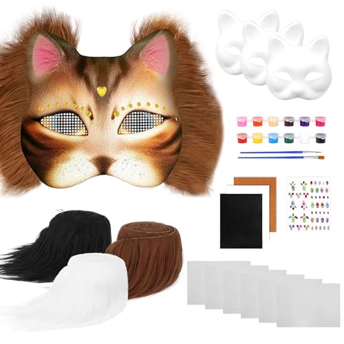 KWJEIULSOQ Therian Masken-Set, 3 Blanko-Katzenmasken, 3 selbstklebende Flanell, 3 Kunstpelz und 6 Kunststoff-Augennetze, DIY kreative Katzenmasken zum Dekorieren, Maskerade, Karneval, Cosplay KWJEIULSOQ Therian Masken-Set, 3 Blanko-Katzenmasken, 3 selbstklebende Flanell, 3 Kunstpelz und 6 Kunststoff-Augennetze, DIY kreative Katzenmasken zum Dekorieren, Maskerade, Karneval, Cosplay von KWJEIULSOQ