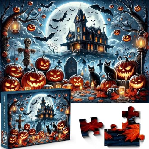 Halloween Nightmare Jigsaw Puzzle, 1000 Teile Puzzle für Erwachsene, 27,4 x 19,8 cm Halloween Horror Spukhaus Kürbis Skelett Geist Puzzle für Heimdekoration von KWJNH