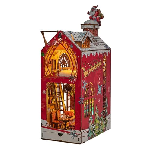 KWJNH Book Nook Miniatur Buchecken-Set, Weihnachtsbuchecke mit LED-Lichtern, 3D-Puzzle-Buchstütze, Holz von KWJNH