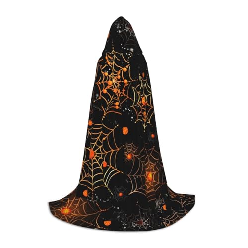 Halloween-Umhang mit Kapuze in Orange und Weiß, Spinnennetz, voller Länge, Halloween-Umhang, Umhang mit Kapuze für Halloween, Weihnachten, Cosplay-Partykostüme für Unisex-Teenager, Größe 119 cm von KWQDOZF