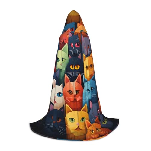 KWQDOZF Bunter Katzen-Umhang in voller Länge mit Kapuze, Halloween-Umhang, Umhang mit Kapuze für Halloween, Weihnachten, Cosplay-Partykostüme für Unisex-Teenager, Größe 119,4 cm von KWQDOZF