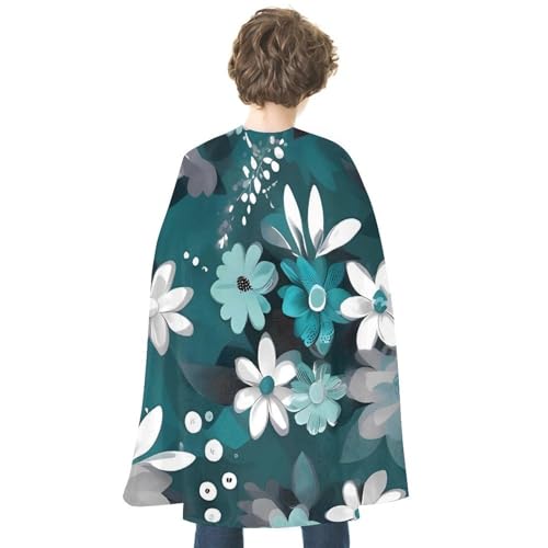 KWQDOZF Halloween Cape Blaugrün Grau Und Weiß Blumen Bedruckt Wendbares Cape Unisex Umhang Party Capes Halloween Weihnachtskostüm von KWQDOZF