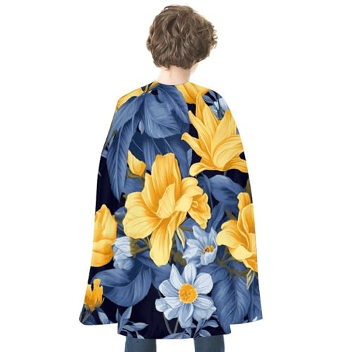 KWQDOZF Halloween Umhang Blaue Basis Gelb Blumendruck Wendbarer Umhang Unisex Umhang Party Capes Halloween Weihnachtskostüm von KWQDOZF