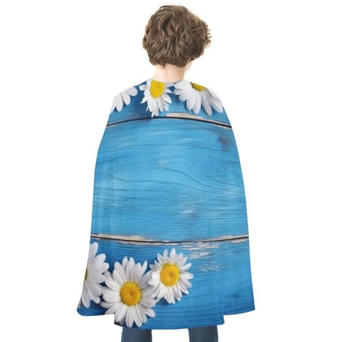 KWQDOZF Halloween Umhang Gänseblümchen Blumen Blau Holz Bedruckt Wendbarer Umhang Unisex Umhang Party Capes Halloween Weihnachtskostüm von KWQDOZF