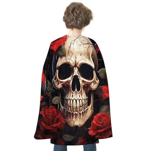 KWQDOZF Halloween Umhang Totenkopf Rose-Rot Bedruckter Wendeumhang Unisex Umhang Party Capes Halloween Weihnachtskostüm von KWQDOZF