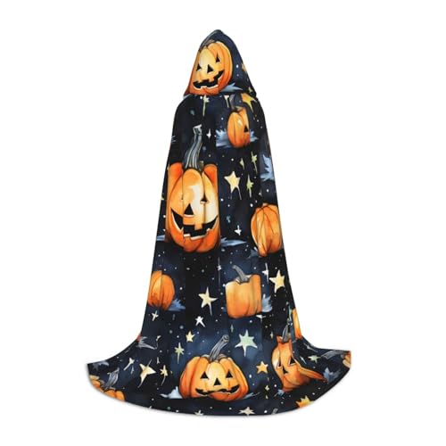 KWQDOZF Happy Halloween Kürbis Sterne Umhang mit Kapuze in voller Länge, Halloween-Umhang, Umhang mit Kapuze für Halloween, Weihnachten, Cosplay-Partykostüme für Unisex-Teenager, Größe 140 cm von KWQDOZF