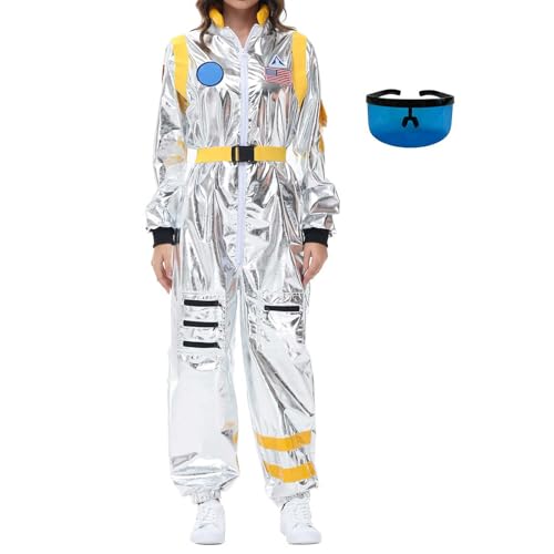 KYDLIGHT Astronaut Kostüm Damen, Astronauten Overall Erwachsene mit Brillen, Weltall Raumfahrer Anzug für Space Mottoparty Faschingskostüme von KYDLIGHT