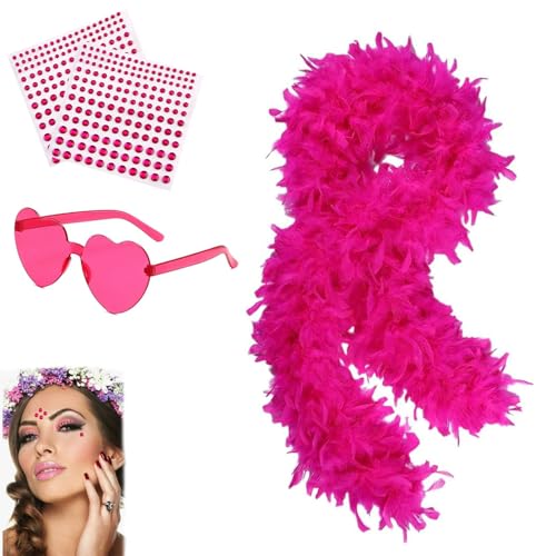 Abba Zubehör-Set, 200 cm, Federboa, rosa Federboa, Federboa, Federboas, Multipack, geeignet für Damen, Tanzen, Hochzeiten, Partys, mit herzförmiger rahmenloser Sonnenbrille von KYEDGC